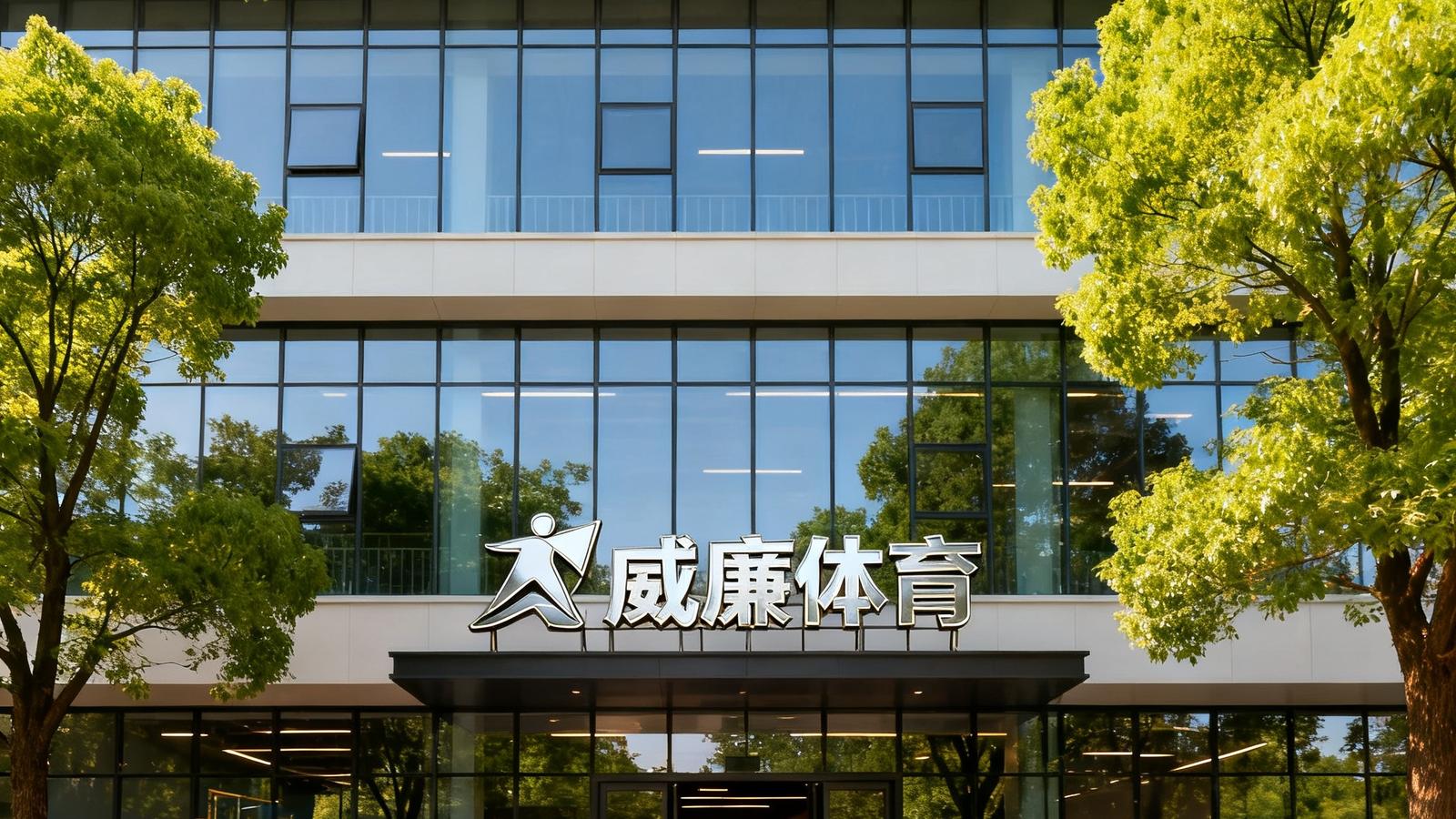 威廉体育总部所在的社区体育中心建筑外景，三层玻璃幕墙建筑，入口处悬挂威廉体育品牌标识，周边绿树环绕