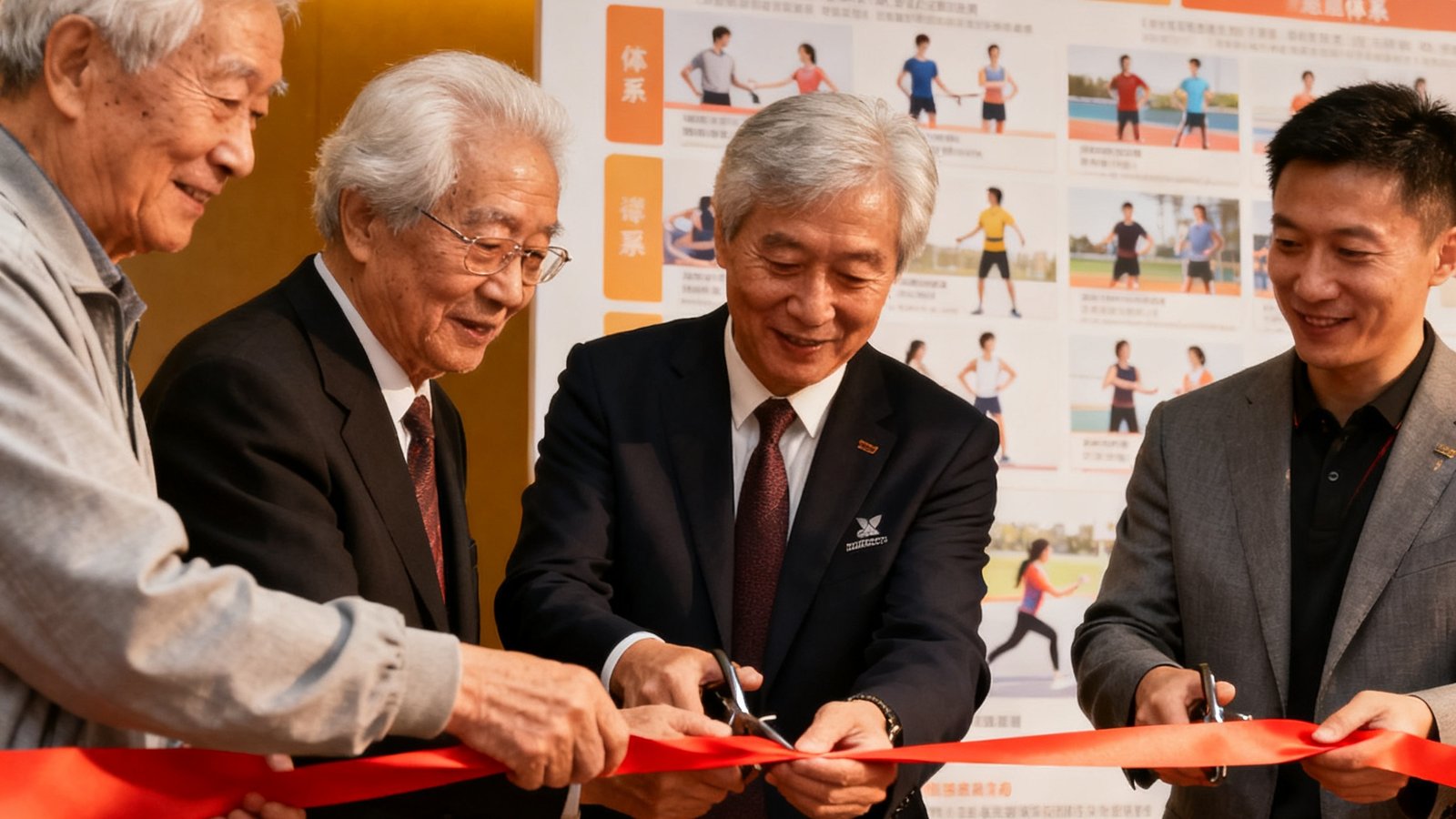 银龄运动关爱计划启动仪式现场，几位银发长者与威廉体育代表共同剪彩，背景展示课程体系海报