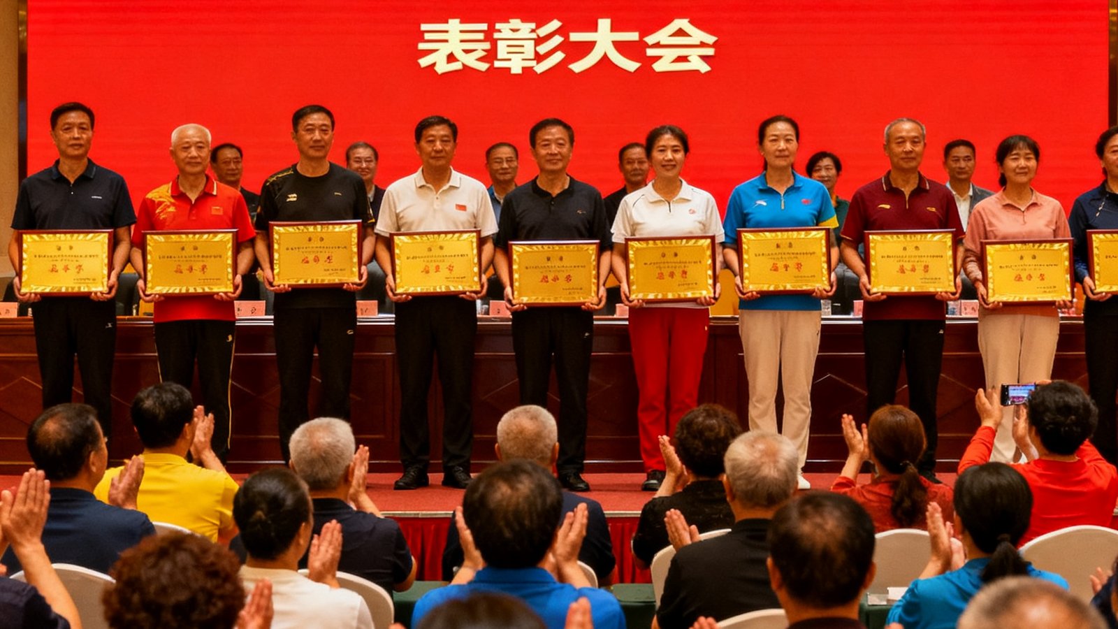 2024年度优秀社会体育指导员表彰大会，获奖者手捧证书站在台上，台下观众热烈鼓掌