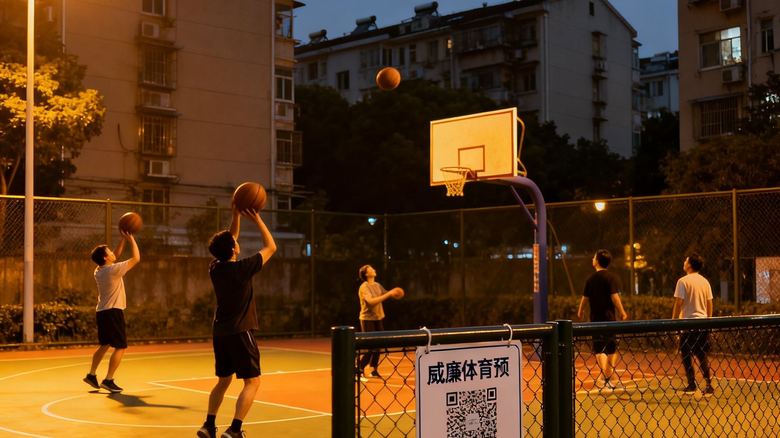 傍晚时分的社区篮球场，灯光温暖，几位居民正在投篮练习，场地围栏上挂着威廉体育预约二维码标识牌