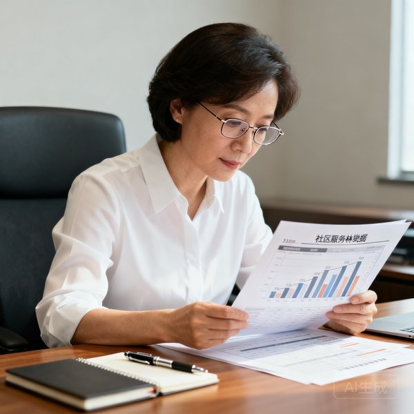 运营总监林婉如，35岁女性，戴细框眼镜，穿着白色衬衫，坐在办公桌前查看社区服务数据报表
