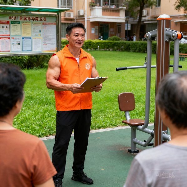 首席指导师陈卫东，48岁男性，身材健硕，穿着橙色指导员马甲，正手持文件夹在社区健身角指导居民