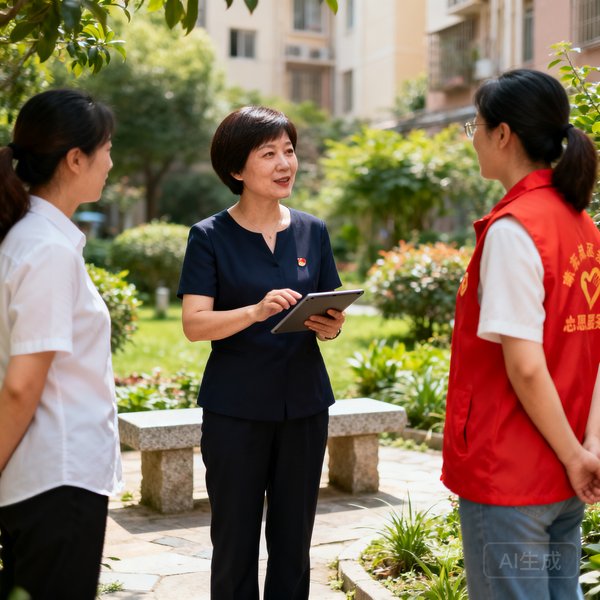 社区关系经理孙雅琴，42岁女性，短发干练，手持平板电脑与社区居委会工作人员在小区花园中交流